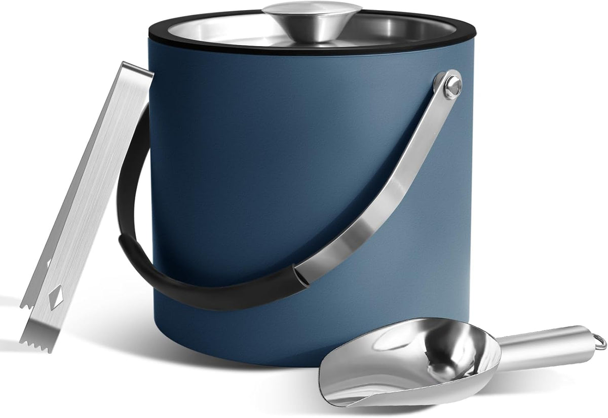 Bakpoco Double-Wall Vacuum Insulated Ice Bucket with Lid, Scoop, Ice Tong, Strainer & Leather Handle Keep Ice Frozen Longer Large Wine Ice Buckets for Cocktail Bar,Parties Chilling Beer Champagne 3L - Ocean Navy