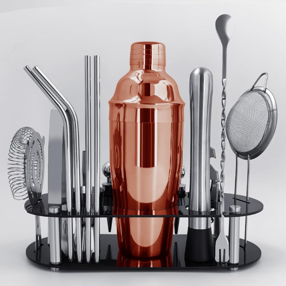 Cocktail Shaker Set Bartender Kit with Stand - 16 Piece Bar Tool Set Drink Mixer Set Includes : Shakers, Jigger, Strainer, Mixer Spoon, Muddler, Liquor Pourers, Straw (Rose Gold)