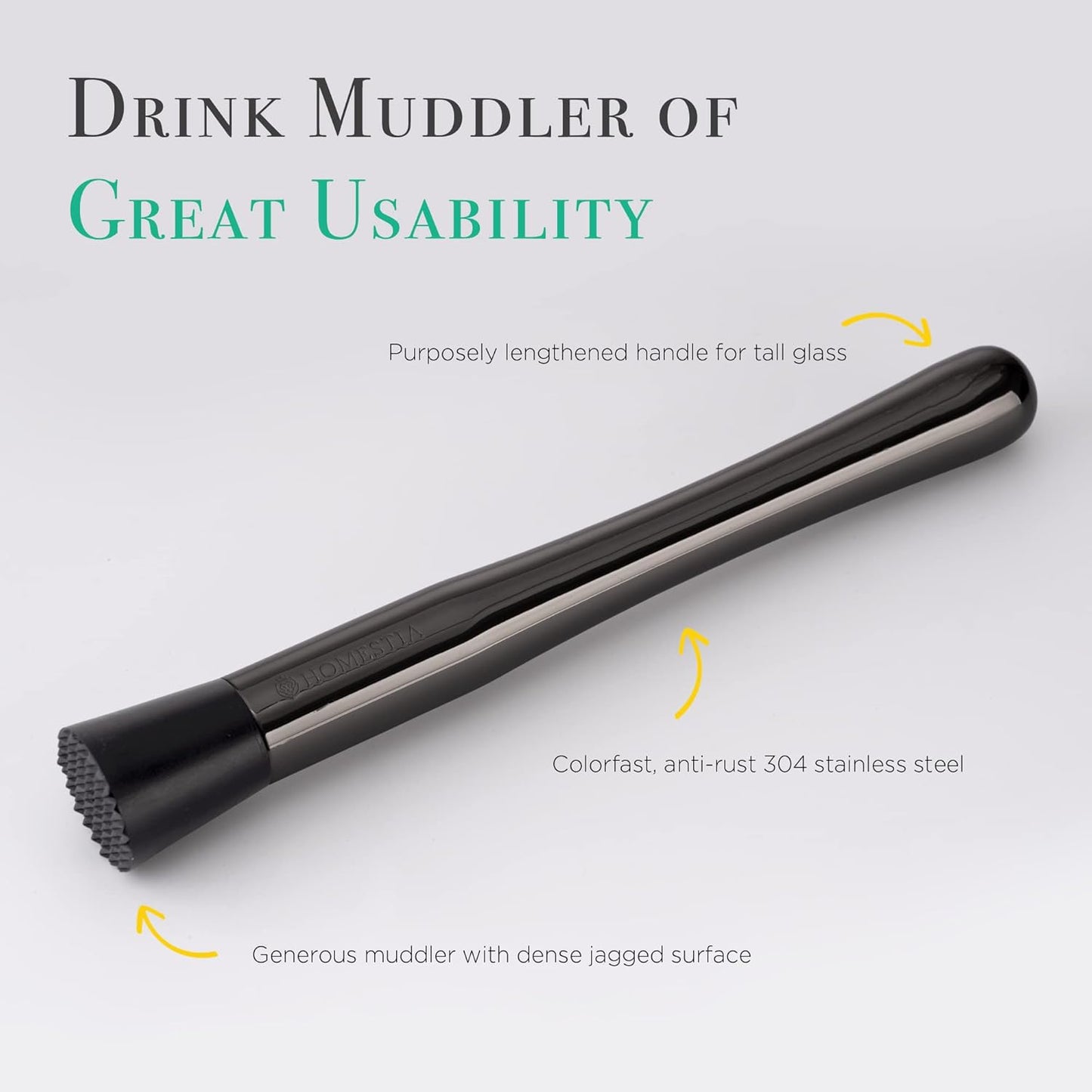 Homesetia Black Muddler for Cocktails - 10 Inch Professional Stainless Steel Muddler - Durable Cocktail Muddler Drink Smasher & Mojito Muddler - Wine Accessories Ideal Valentines Day Gifts for Him