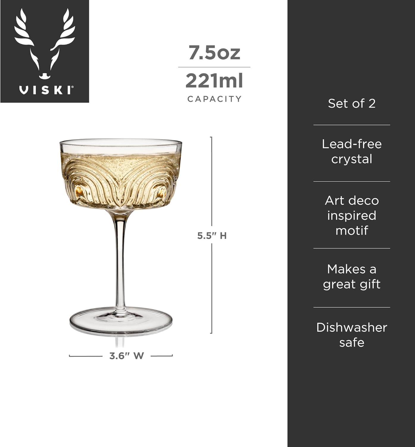 Viski Beau Cocktail Coupe Glasses, Unique Cocktail Glasses Crystal Drinkware, 7.5oz. Cocktail Glasses Stem Vintage Wine Glasses Inspired Set of 2