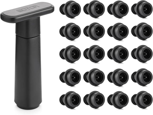 WOTOR Wine Saver Vacuum Pump with 20 Stoppers, Wine Stopper & Preserver, Reusable Bottle Sealer Keeps Fresh, Ideal Accessories Gift (Flat Handle)