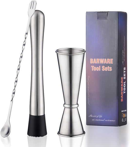Muddler for Cocktails, 10 Inches Bar Spoon, 1 oz 2 oz Double Jigger- Premium 3 Piece Silver Mixing Tools Set for Drinks