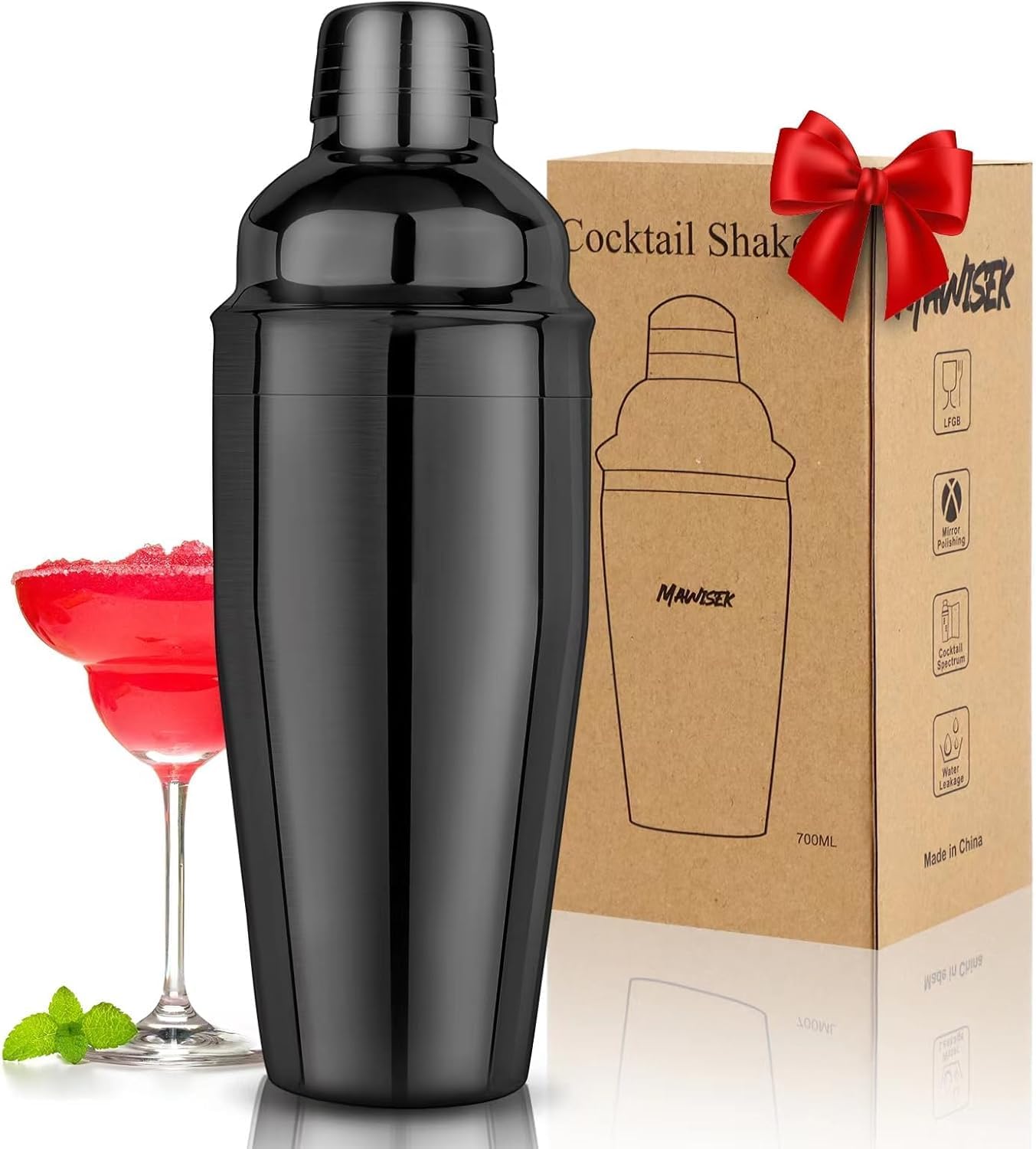 Cocktail Shaker 24oz Martini Bar Drink Shaker Bar tools with Built-In Strainer for Bartender, Professional 18/8 Stainless Steel Margarita Mixer for Mixed Drinks (Black)
