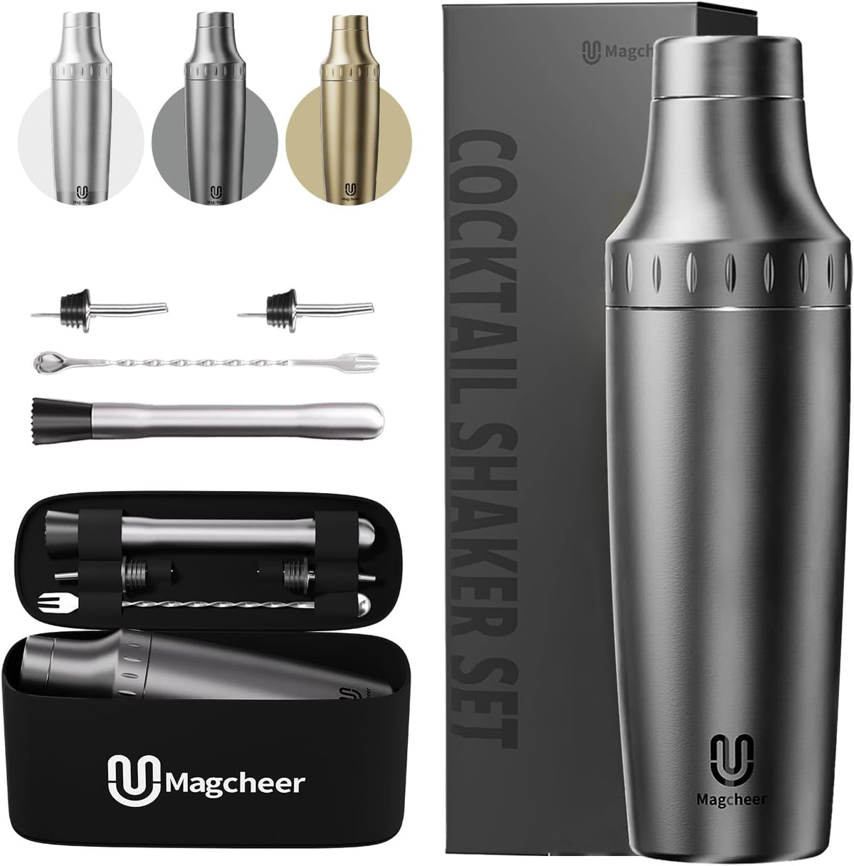 Hybrid Cocktail Shaker Set | Vacuum Insulated Stainless Steel Martini Shaker with Strainer & Jigger Lid | Travel Cocktail kit with Bartender Accessory Tools | 30oz | Gunmetal Gray - Gunmetal Gray
