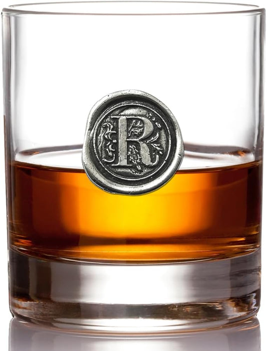 English Pewter Company 11oz Old Fashioned Whiskey Rocks Glass With Monogram Initial - Unique Gifts For Men - Personalized Gifts With Your Choice of Initial (R) MON118
