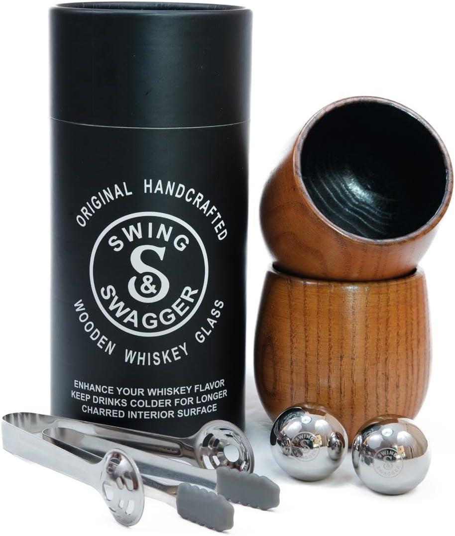 Charred Wooden Whiskey Glass Gift Set for Men (2 Pack) – Bourbon Glasses with Stainless Steel Chilling Balls, 2 Tongs & Storage Pouch – Unique Gifts for Men, Husband, Boyfriend, Whiskey Lovers