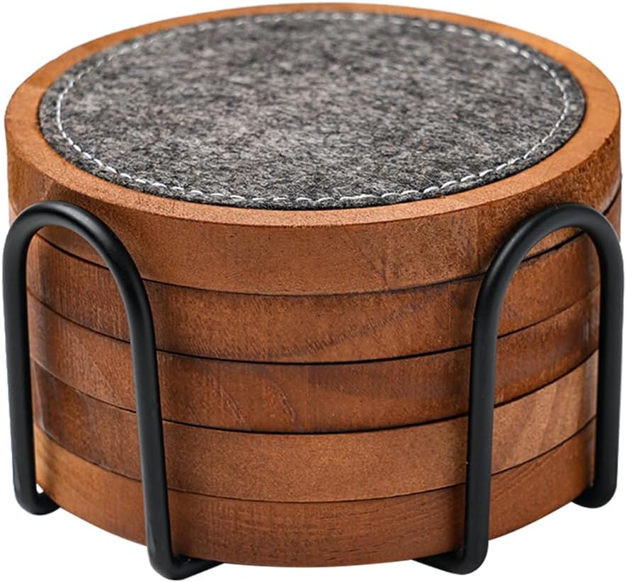 Wood Coaster for Drinks, Set of 5, Absorbent and Insulation Felt Stackable Cup Holders, Coasters for Wooden Table,4.15 inch
