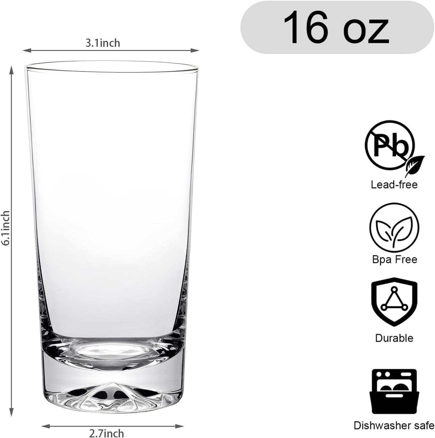 Drinking Highball Glasses Set of 6, 16oz Crystal Water Glasses