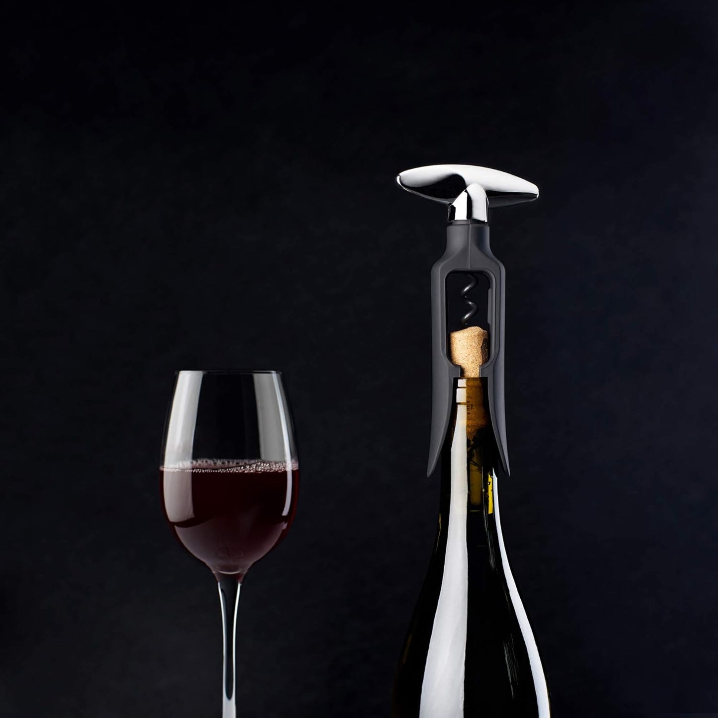 True Self Pulling Corkscrew Wine Opener, Durable Plastic with Easy Turn Chrome Handle, Wine Bottle Opener for Bartenders, Home Bar Tools, Bar Cart Accessories, Kitchen Essentials, Set of 1, Black
