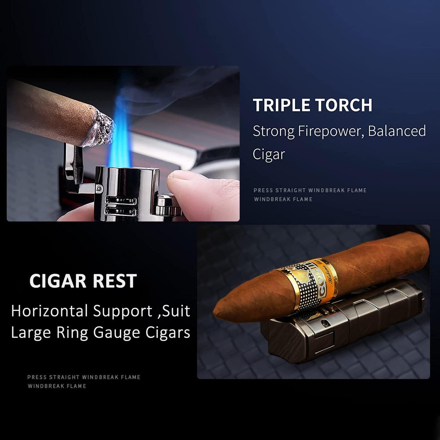 Metal Lighter Triple Jet Flame Refillable Butane Cigar Lighter Windproof Lighters with Cigar Punch Rest Holder - Butane Not Included (Gunmetal)