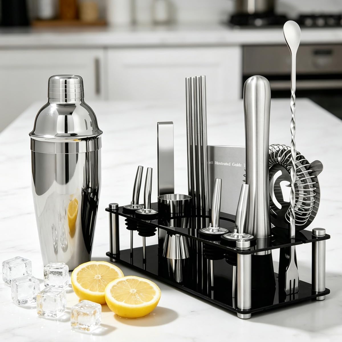 14-Piece Cocktail Shaker Set Bartender Kit with Black Stand, Bar Tool Set for Drink Mixing Bartending Kit Bar Sets Accessories: 750ml(25oz) Shaker, Jigger, Muddler, Cocktail Recipes (Silver)