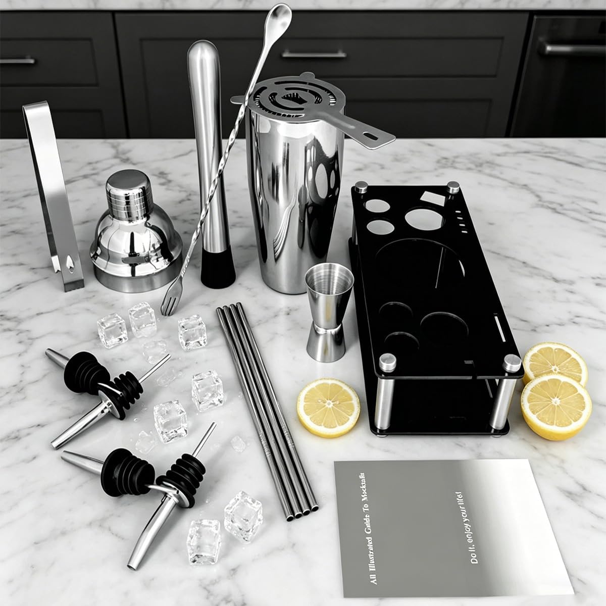 14-Piece Cocktail Shaker Set Bartender Kit with Black Stand, Bar Tool Set for Drink Mixing Bartending Kit Bar Sets Accessories: 750ml(25oz) Shaker, Jigger, Muddler, Cocktail Recipes (Silver)
