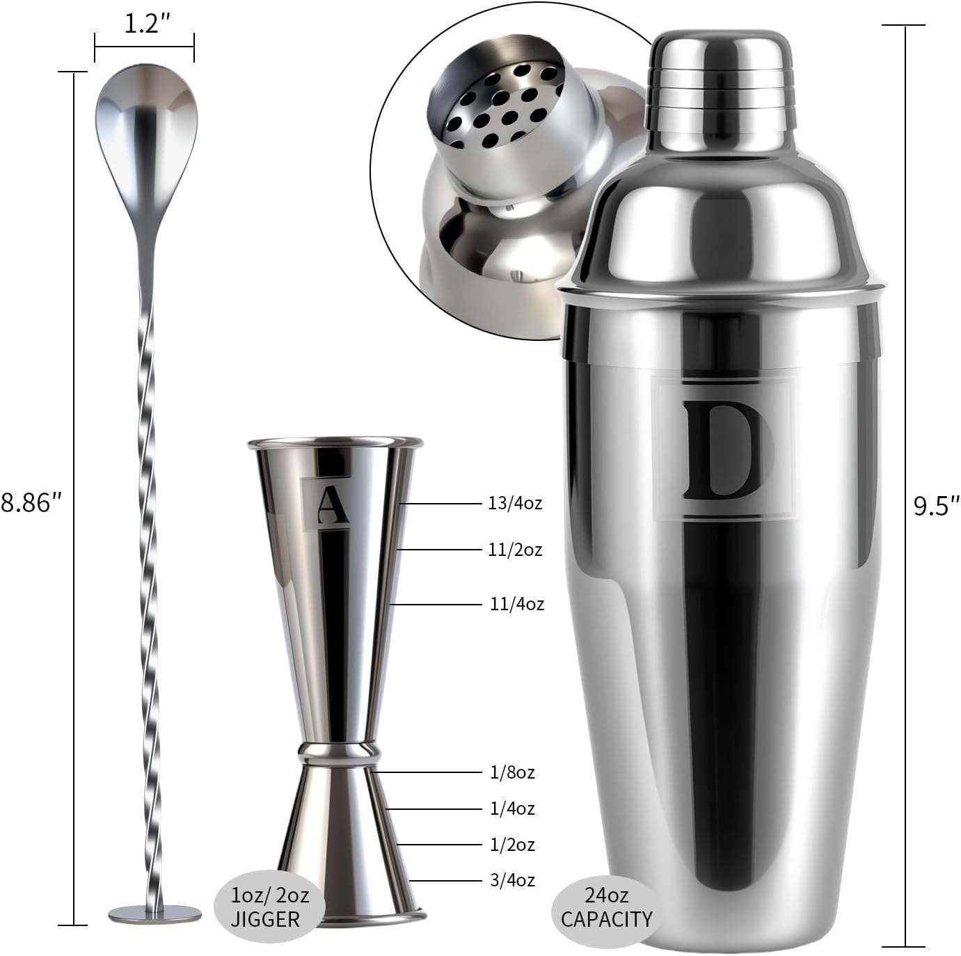 24oz Cocktail Shaker Set with 1 oz 2oz Jigger - Monogramm Initials Martini Shaker Set - 304 Stainless Steel Bar Shaker for Margarita,Mojito-Personalized Gift for Friend,Husband-K