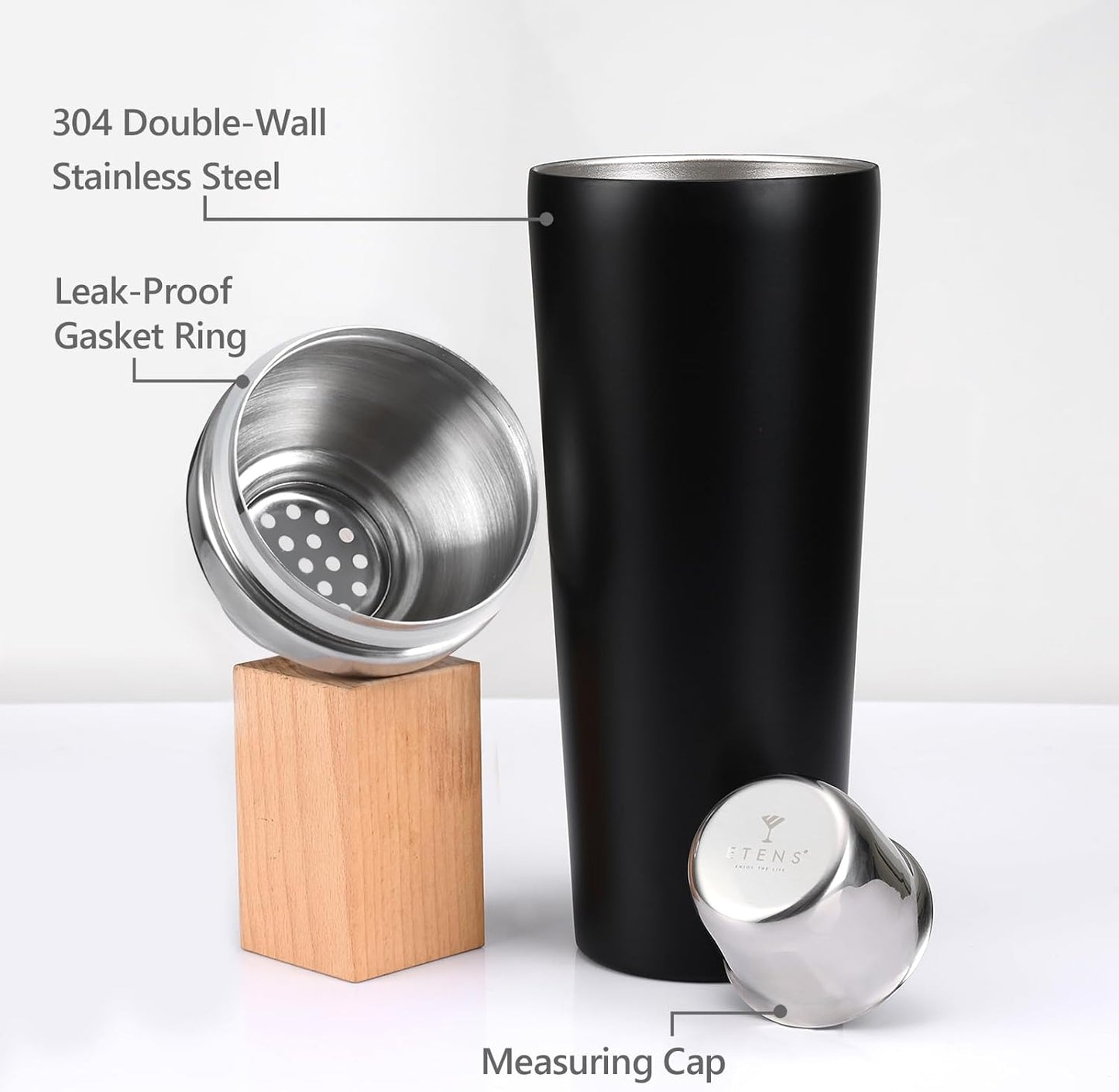 Etens Insulated Cocktail Shaker Black - 23oz Double Wall Vacuum Stainless Steel Martini Shaker with Built-in Strainer & Jigger Lid, Pro Leak-Proof Weighted Shaker for Home Bar, Premium Bar Gift Set