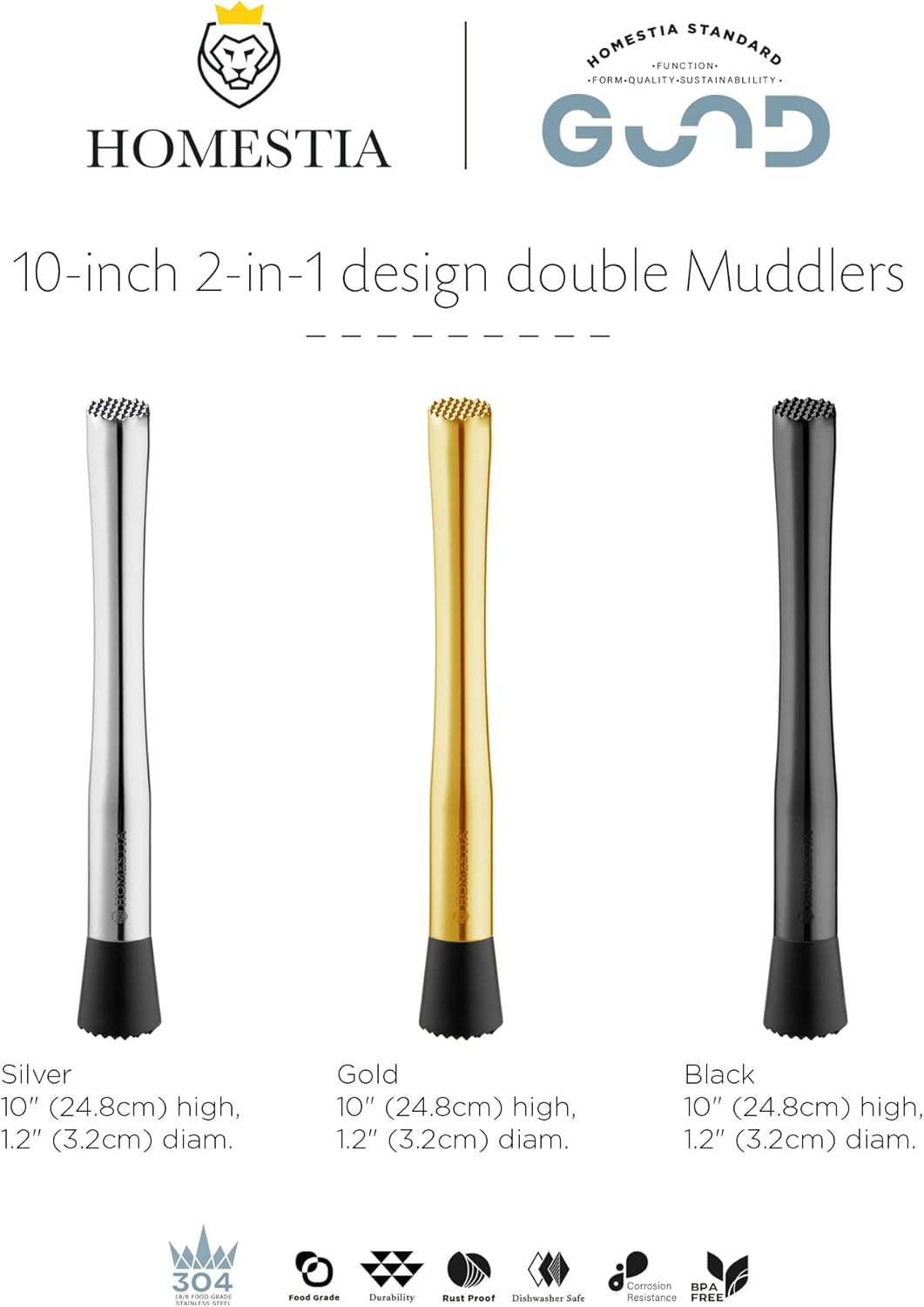 Homestia Double Heads Muddler for Cocktails (Black)
