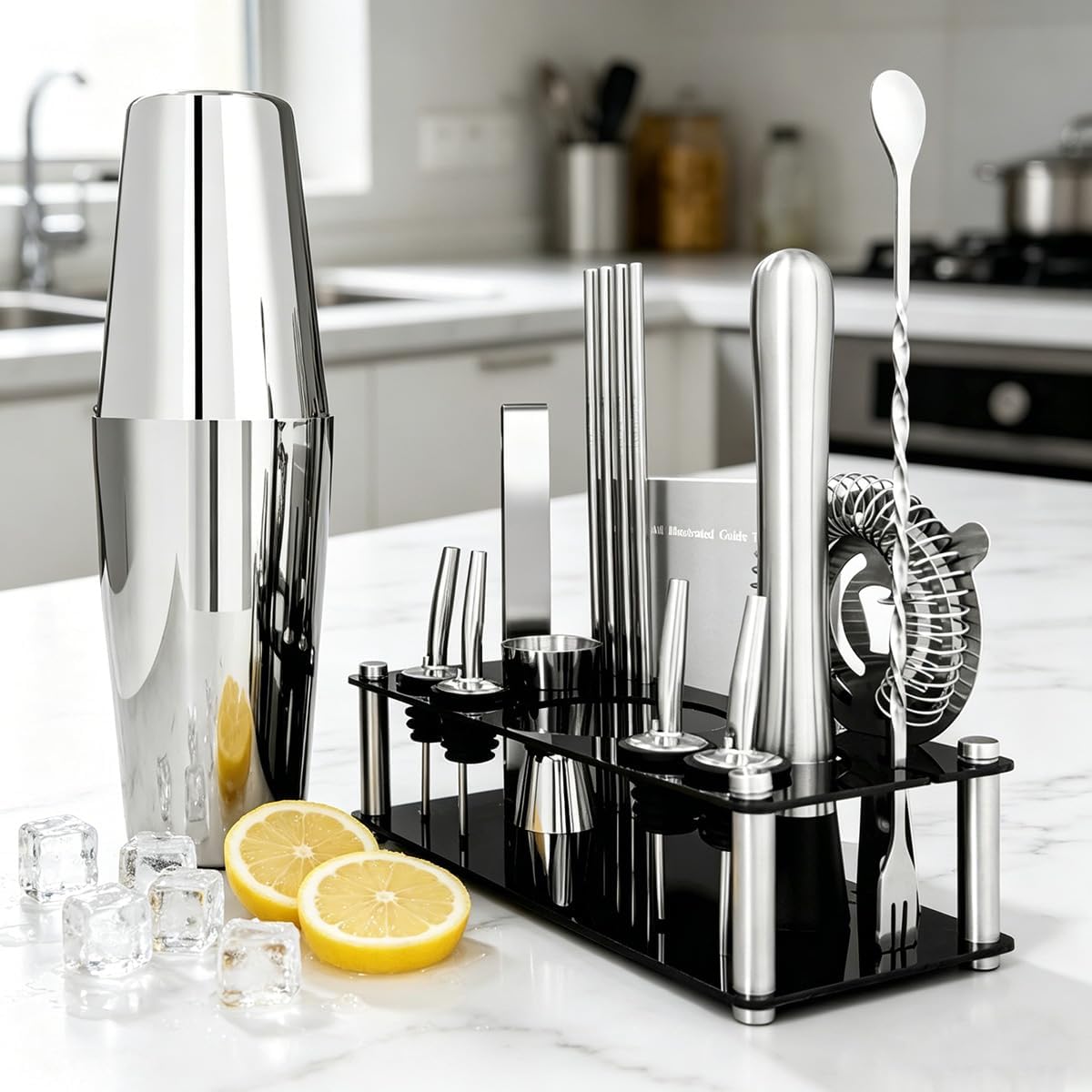 Professional Cocktail Shaker Set with Stand Cocktail Recipes, 15-Piece 750/600ml Bartender Kit, Bar Sets Bartending Kit Bar Tool Set 25/20oz Boston Shakers, Jigger, Muddler (Silver)