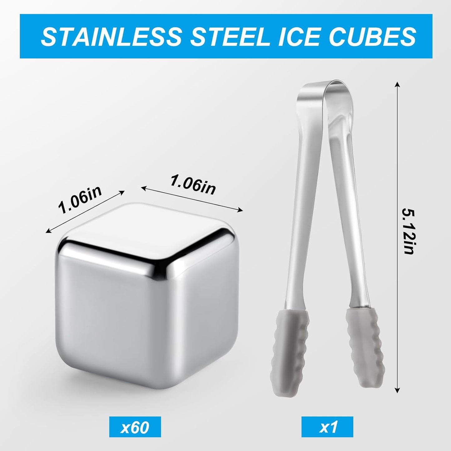 Yexiya 60 Pcs Reusable Stainless Steel Ice Cubes with Tongs Whiskey Cubes Vodka Metal Rocks Tool Ice Stones Rocks for Summer Drinks Chilling Whiskey Iced Coffee Vodka Liqueurs Wine Not Solid