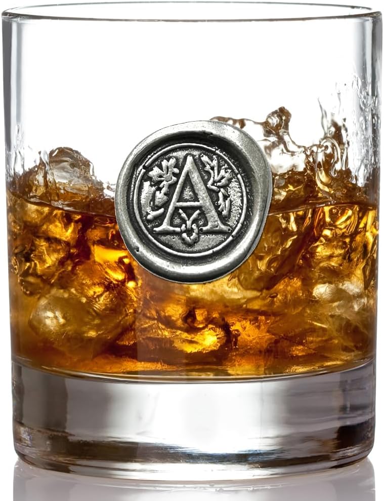 English Pewter Company 11oz Old Fashioned Whiskey Rocks Glass With Monogram Initial - Unique Gifts For Men - Personalized Gifts With Your Choice of Initial (A) MON101