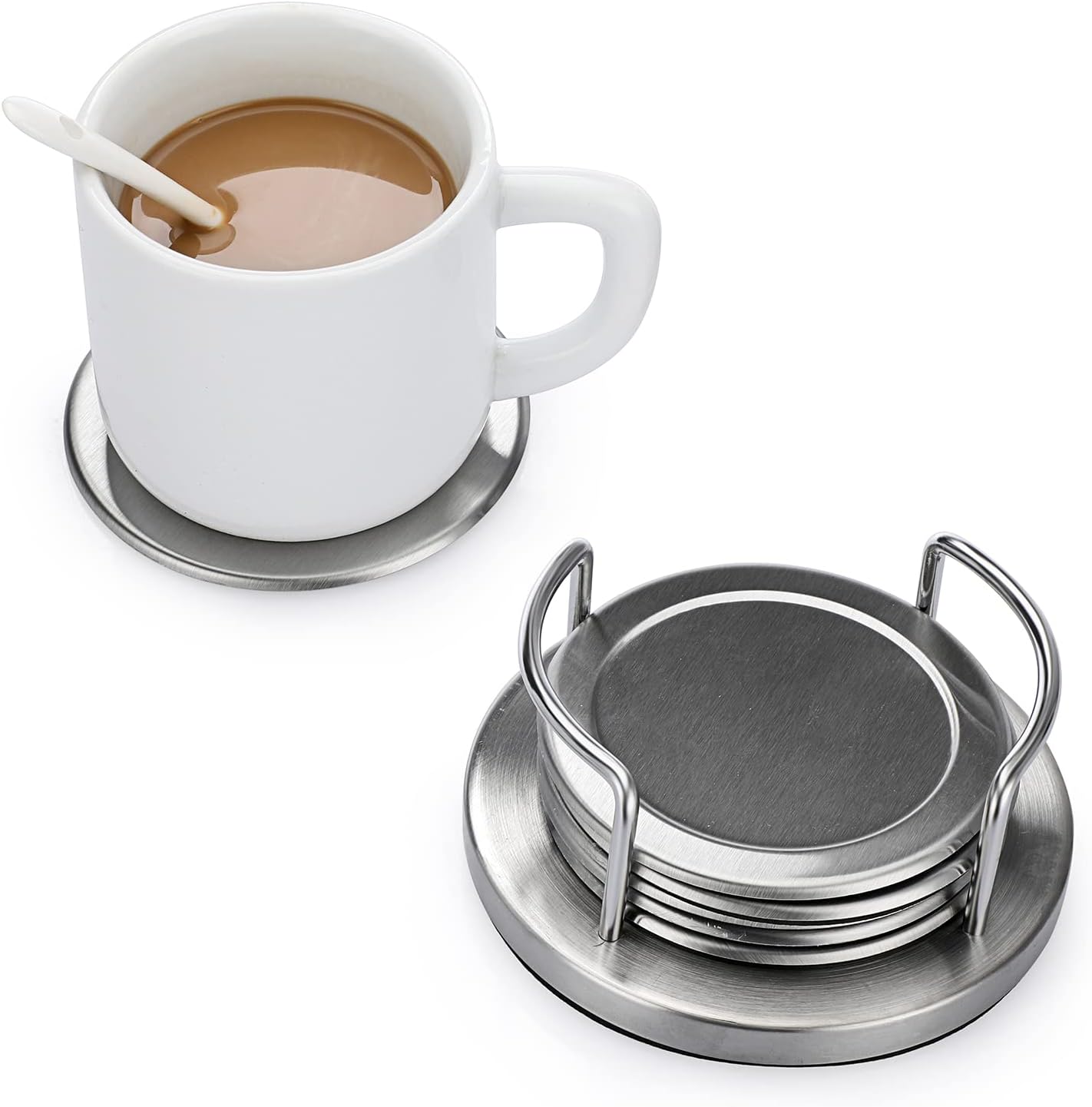 JUXYES Set of 6 Stainless Steel Round Coasters with Holder & Sponge Bottom, Silver Metal Cup Coasters Set Stunning Cool Coaster Cups Mats Decor for Restaurant Kitchen bar Dining Table