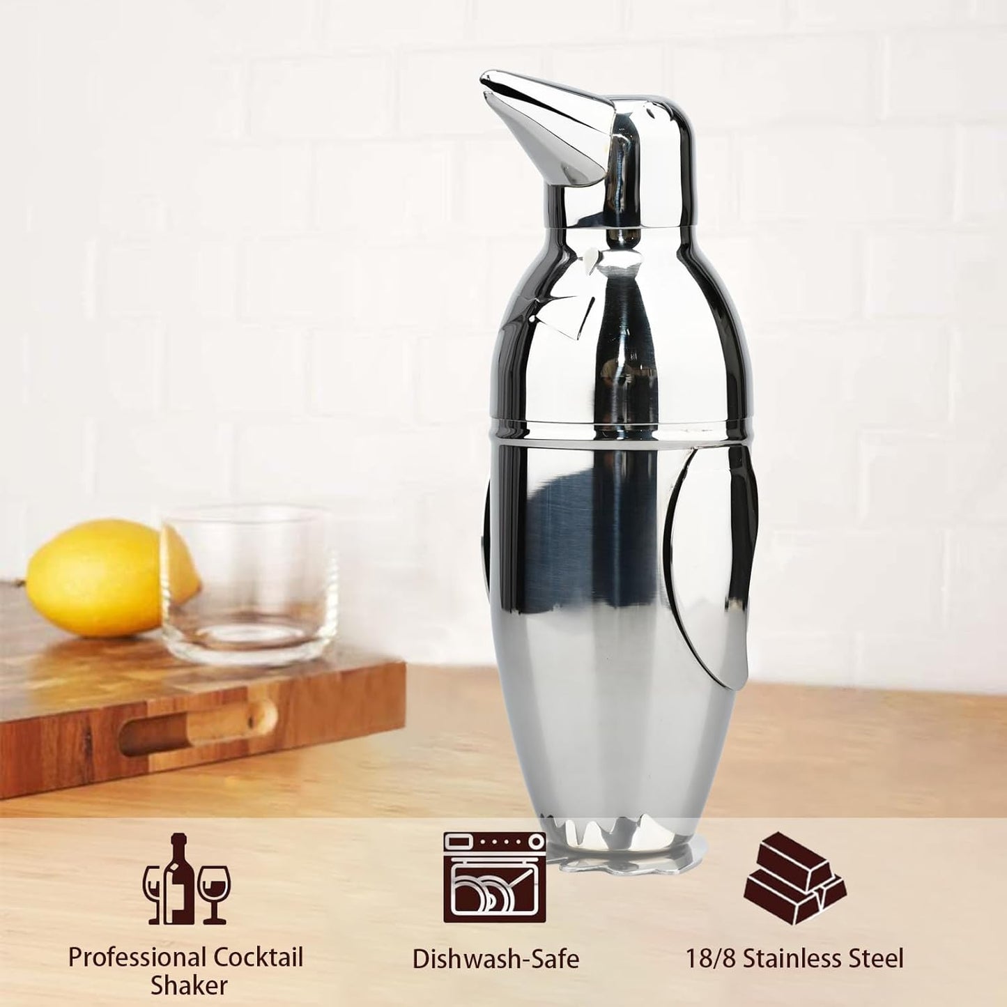 Penguin Cocktail Shaker with Strainer, Bar Essentials, Bartender Shaker and Strainer Set, Stainless Steel Shaker Bottle, 17 oz