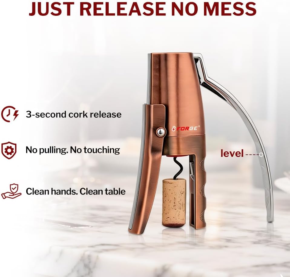 Forge Quality Compact Vertical Lever Corkscrew Wine Opener with Foil Cutter. 3 Seconds to Open a Bottle of Wine. Metallic Bronze