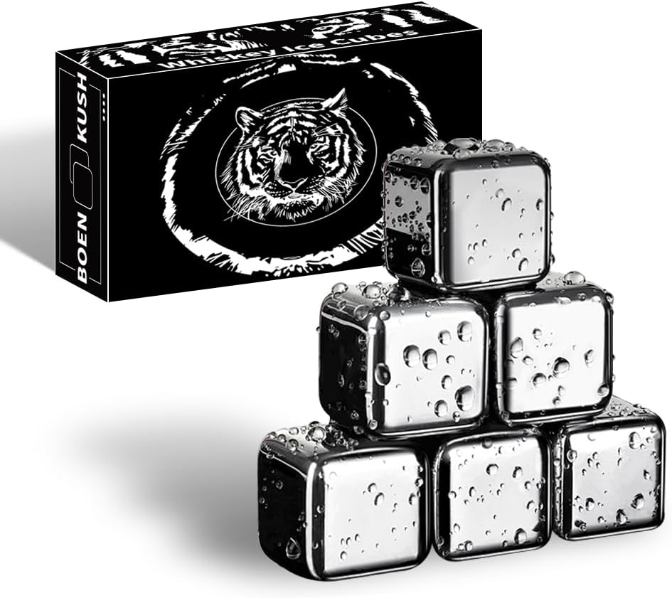 6 Small Whiskey Stones - Man Gift Set - Reusable Stainless Steel Metal Ice Sphere Cubes Beverage Chilling Rocks Whiskey Stones for Red Wine, Bar Beer, Scotch, Vodka Drinks - Silver