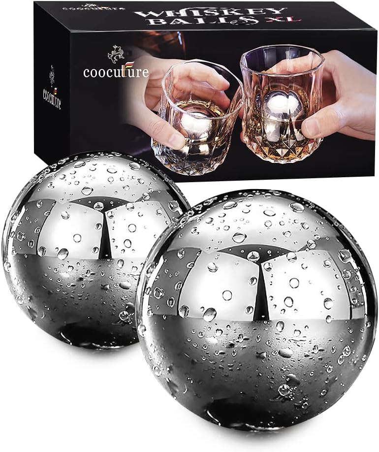 Whiskey Balls Reusable Stainless Steel Metal Ice Sphere Cubes Beverage Chilling Rocks Whiskey Stones for Red Wine, Bar Beer, Scotch, Vodka Drinks - Set of 2