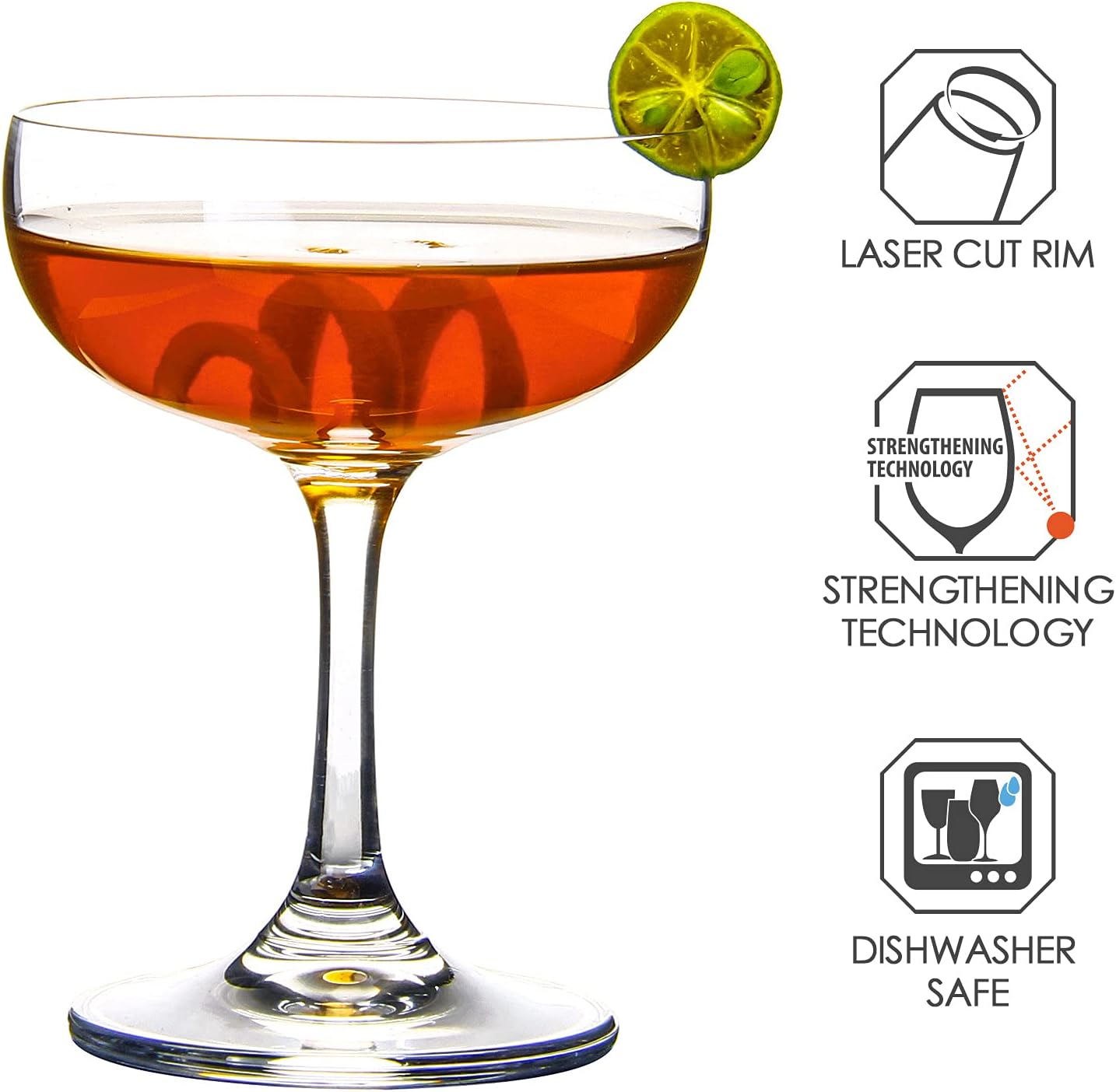 FAWLES Crystal Coupe Glasses, Set of 6, 7 Ounce(220ml), Elegant Short Stem Design, Clear Cocktail Glasses Sets Perfect for Drinking Champagne, Sweet Wine, etc.