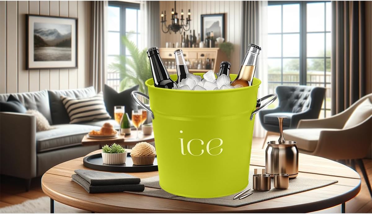 3Qt Chartreuse Galvanized Ice Bucket with Lid, Scoop & Handles - Ideal for Cocktails, Parties, BBQs, Wine & Champagne. Double-Layer Insulated Outer & Galvanized Inner Layer