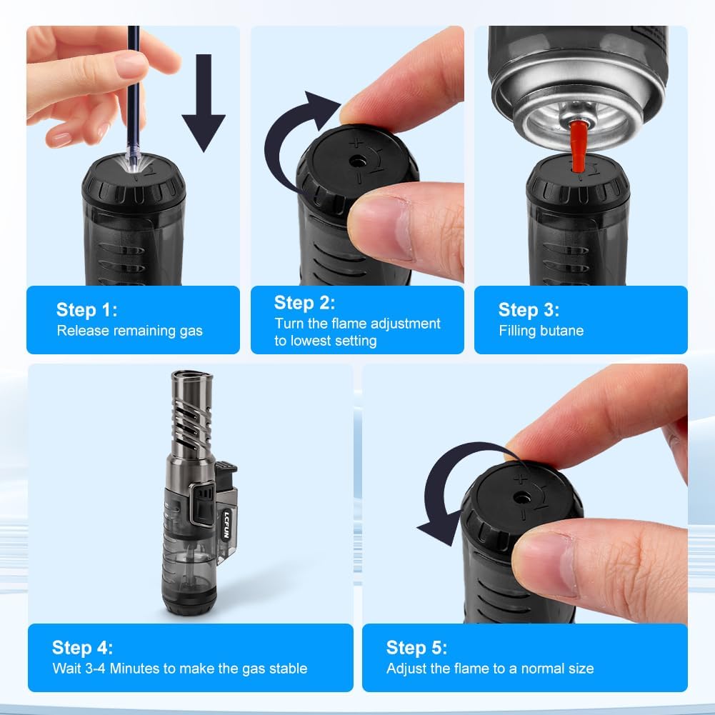 LcFun Torch Lighter 2 Pack Windproof Adjustable Single Jet Flame Butane Lighter Refillable Gas Lighter for Candle Camping Grill BBQ Fireplace (Butane Not Included)