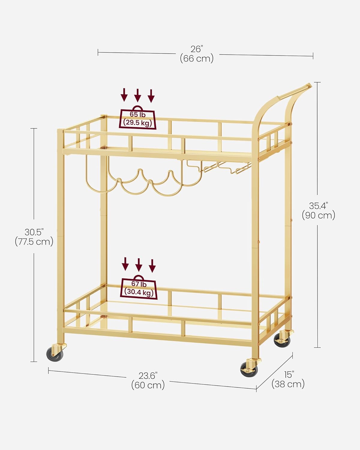 VASAGLE Bar Cart Gold, Home Bar Serving Cart, Wine Cart with 2 Mirrored Shelves, Wine Holders, Glass Holders, for Kitchen, Dining Room, Gold ULRC092A62