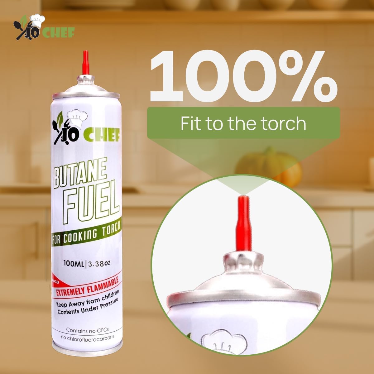 Jo Chef Butane Refill, Butane Torch Fuel Refill, Gas Lighter Fluid Refill Canister, Kitchen Blow Torch Fluid – Universal Tip – (1 Can 3.38oz)