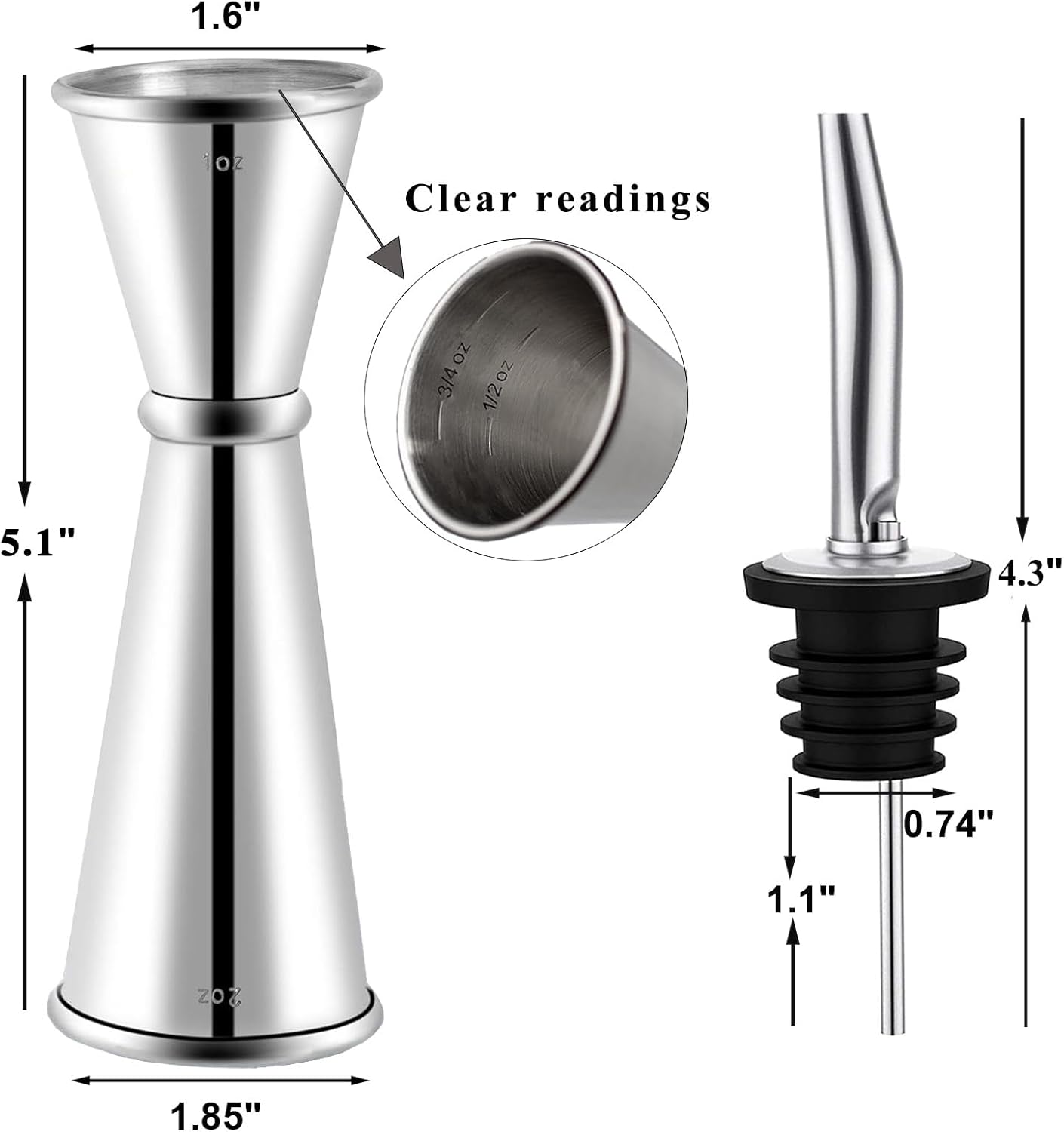 Pafusen Jigger for Bartending with 2 Pourers, Japanese Jiggers with 5 Measurements Inside, Jiggers 2 OZ 1 OZ, Shot Measure Jiggers, Bar jigger Bartender Tool Accessories, (Silver, 1 Jigger+ 2 Pourers)