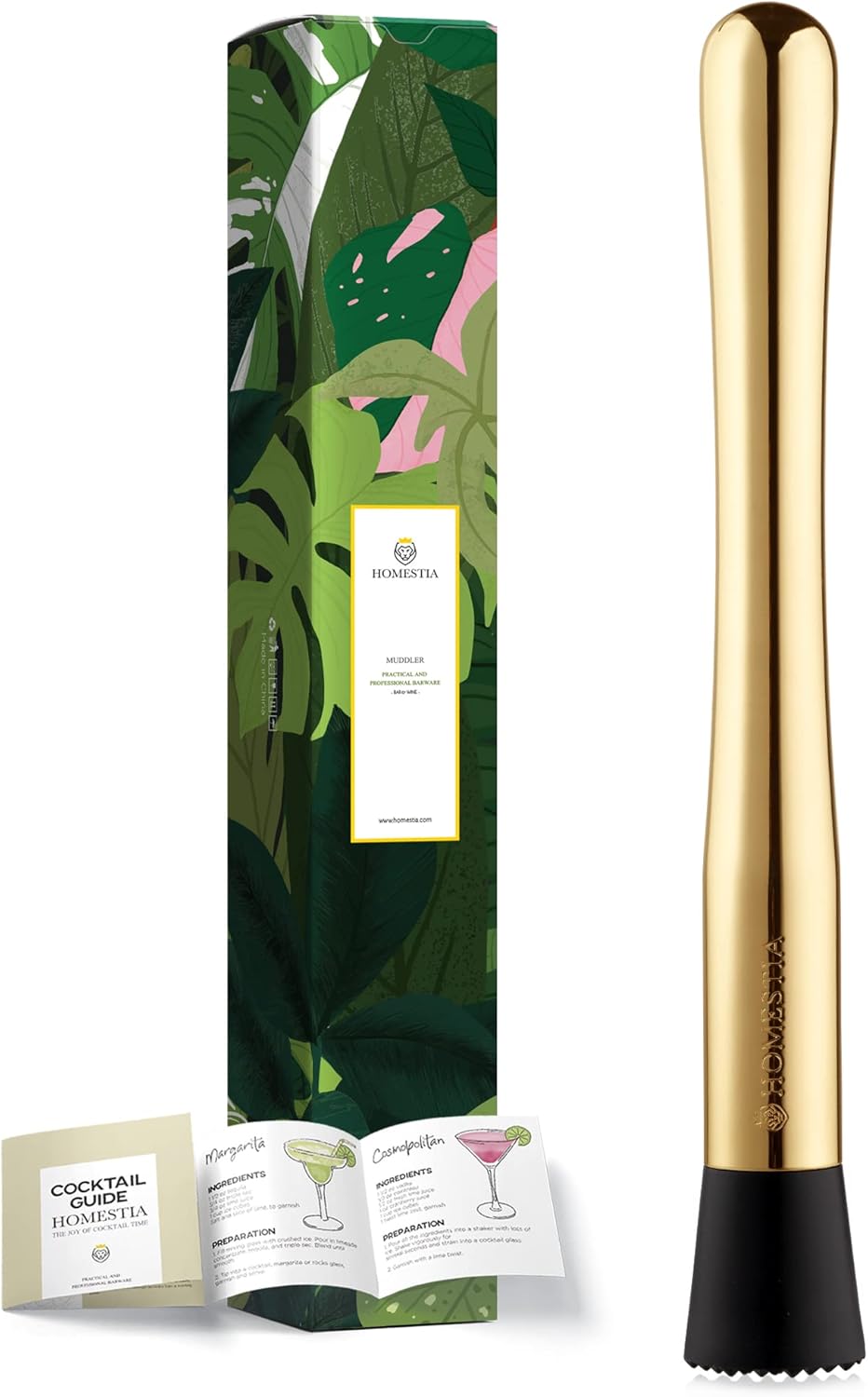 Homestia 10 Inch Muddler for Cocktails, Cocktail Muddler for Lemonade, Gold - A + Muddler Gold