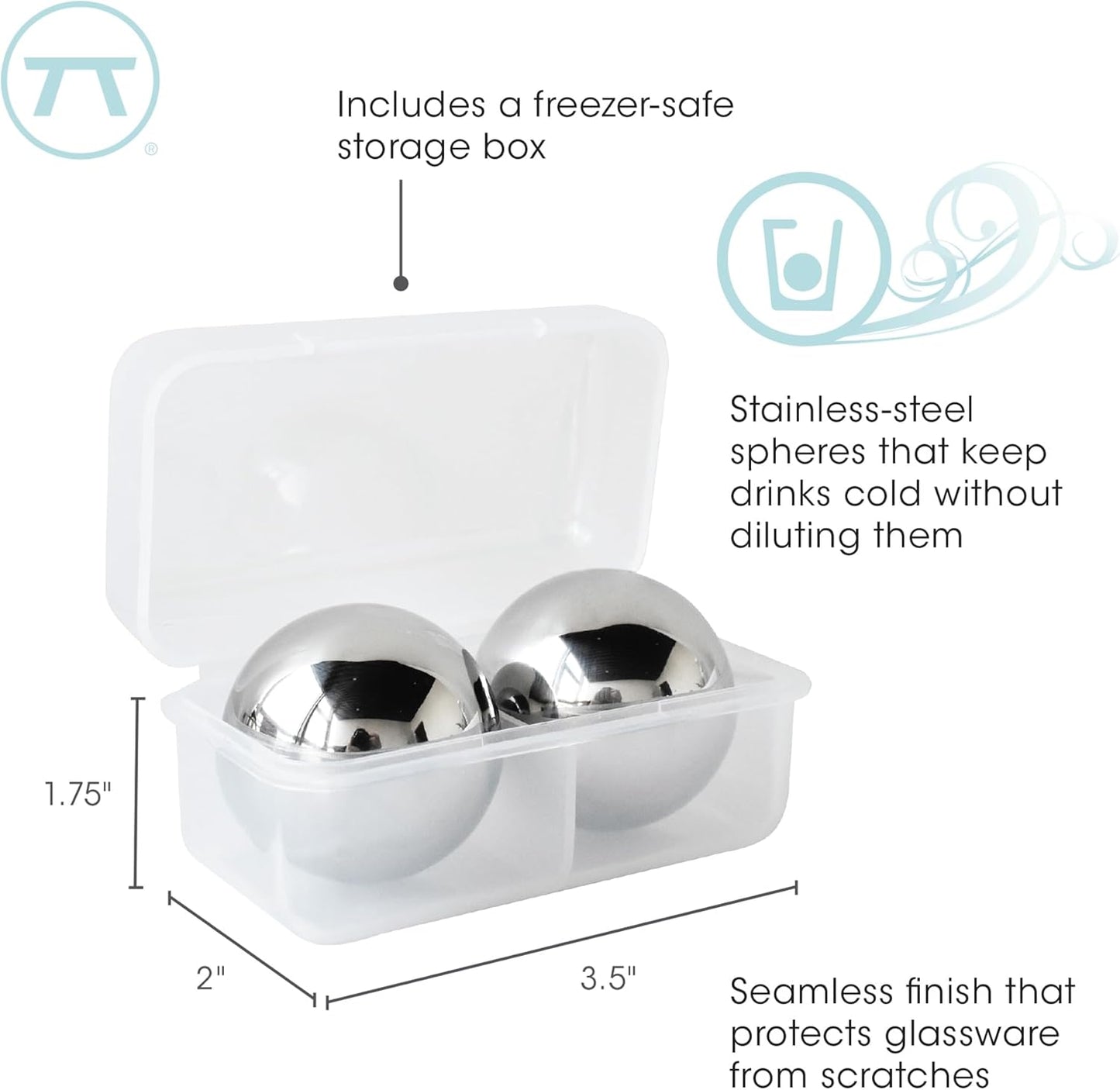 Outset Stainless Steel Ice Cube Spheres, Set of 2 Round Reusable Metal Whiskey Stones with Store Box, 1.57"