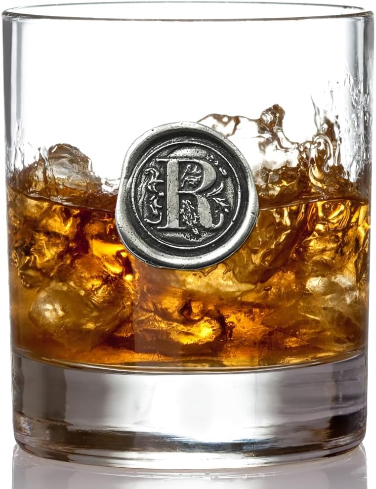 English Pewter Company 11oz Old Fashioned Whiskey Rocks Glass With Monogram Initial - Unique Gifts For Men - Personalized Gifts With Your Choice of Initial (R) MON118