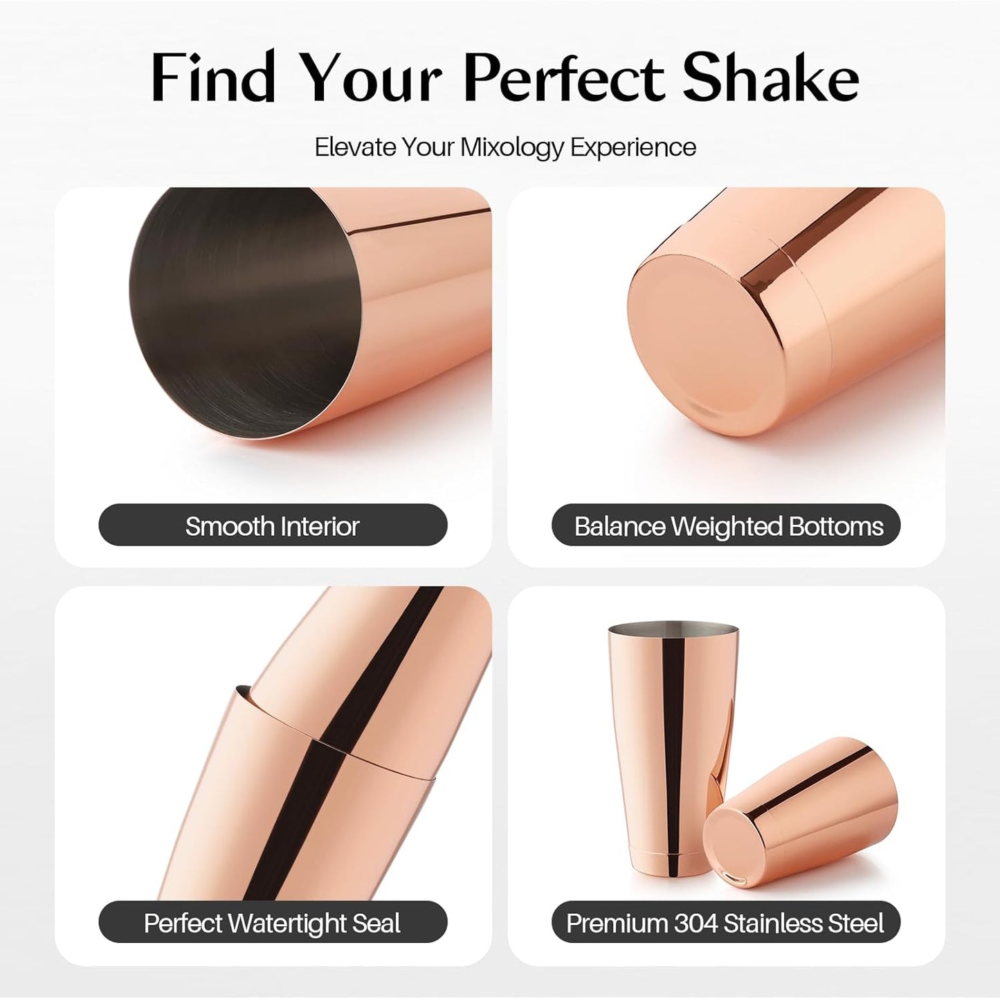 WOTOR Boston Cocktail Shaker Set, 18 oz & 28 oz Stainless Steel Weighted Shaker Tins, Professional Bar Tools for Bartender, Metal Mixer for Martini & Cocktails (Rosegold)