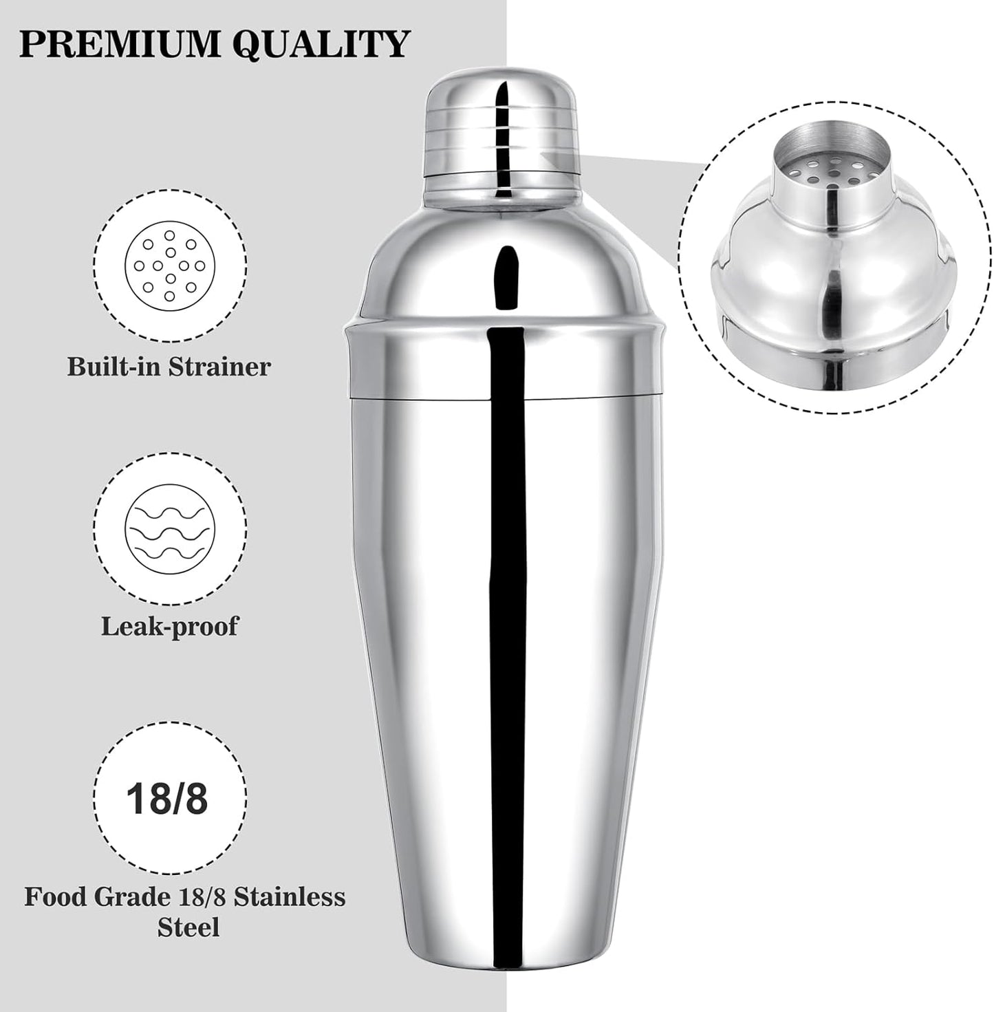 BARsics 24oz Stainless Steel Bar Cocktail Shaker, 1oz/2oz Jigger and 8" Mixing Spoon