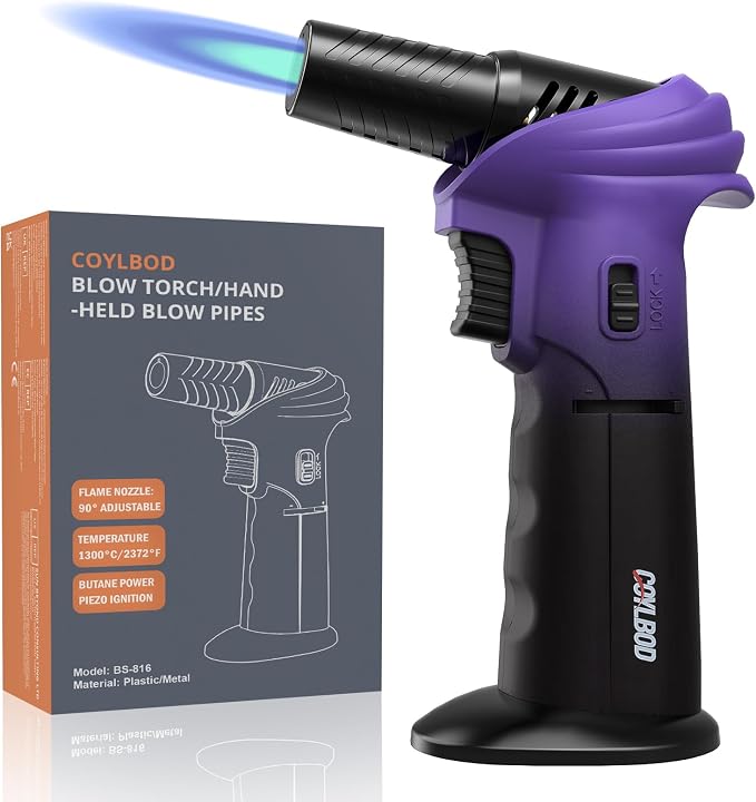 Butane Kitchen Torch, Safety Lock & 0‑90° Rotating Head for Baking - Purple and Black