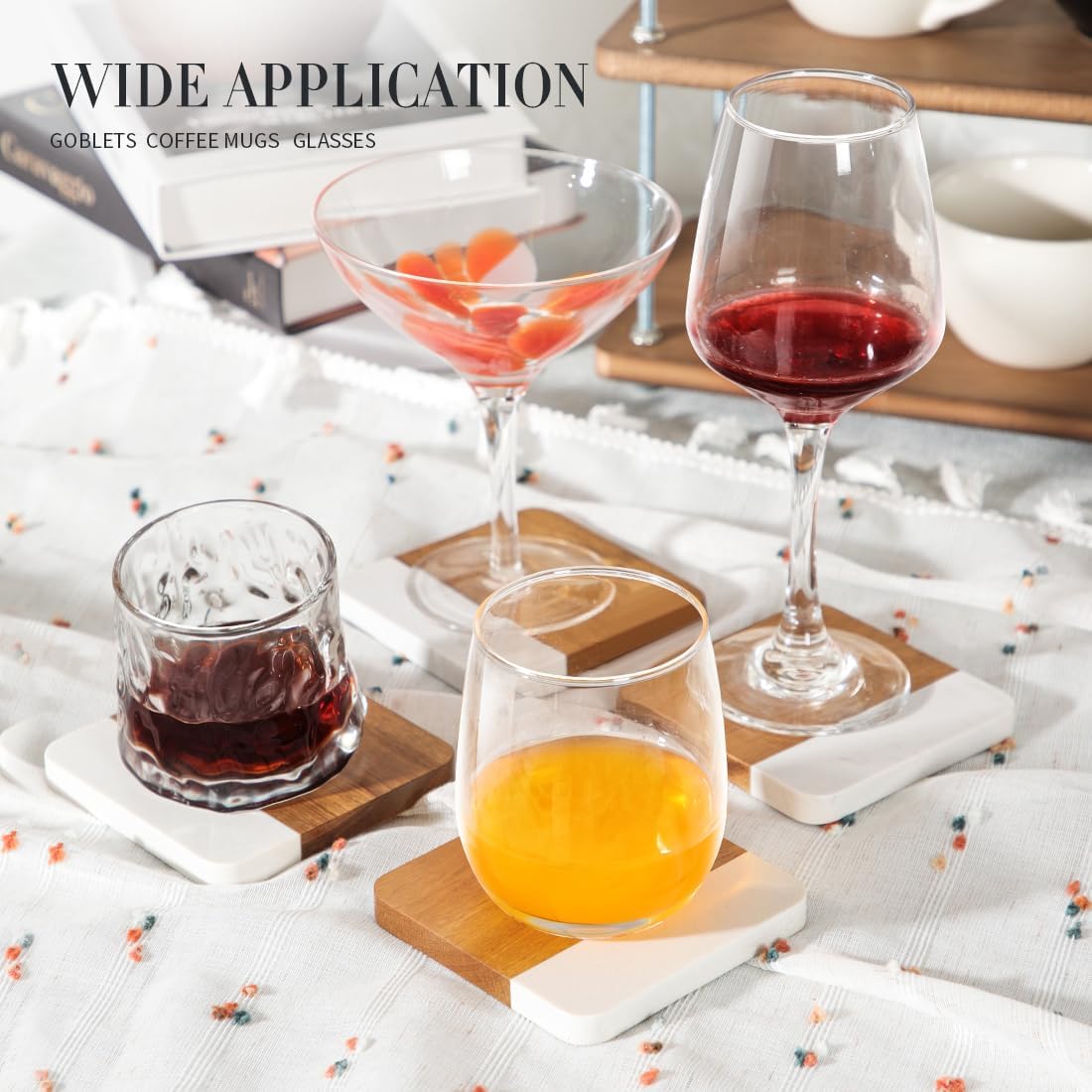 Acacia Wood Marble Coasters for Drinks with Holder Set of 4, Square Non-Slip Wooden Stone Coaster Coffee Table Accessories Manly Coaster for Men Coffee Table, Bar, Office - Rustic Modern Style