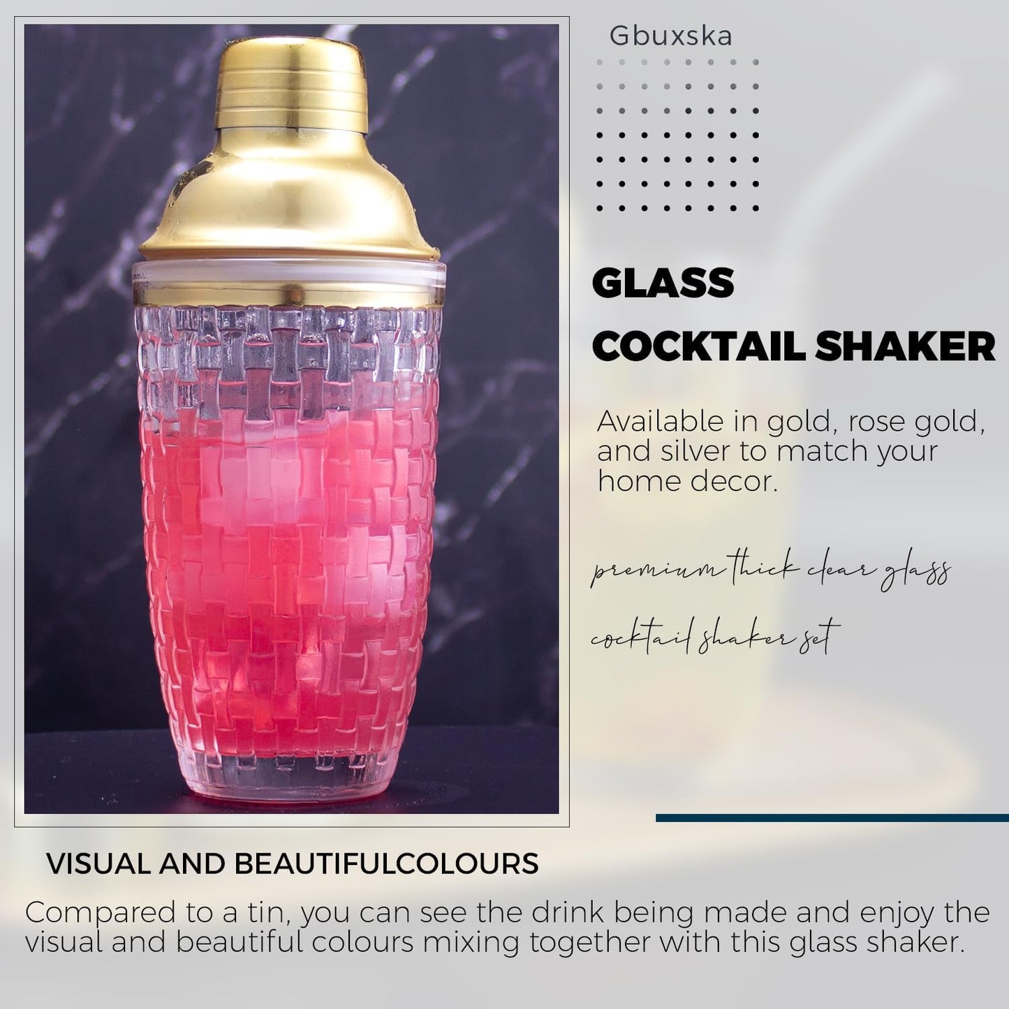 Gold Cocktail Shaker Set - Glass Cocktail Shaker with Strainer - Martini Shaker Set -Matching Cocktail Jigger & Bar Spoon with Muddler – Bartender Kit for Home Bar
