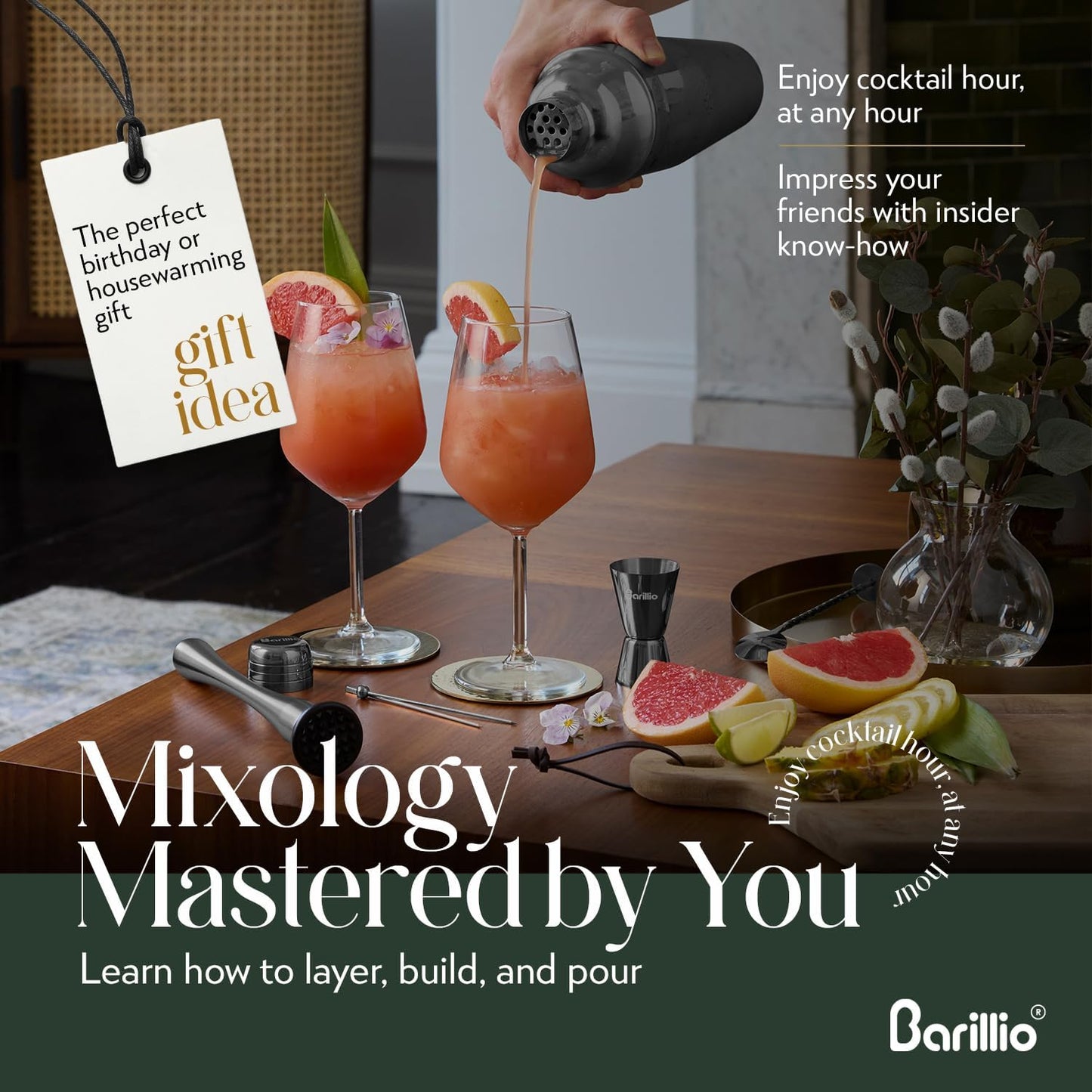 Barillio Black Mixology Bartender Kit - 8-Pc Stainless-Steel Travel Cocktail Shaker Set with Bag - Bar Tools w/Martini Shaker, Drink Mixer Spoon & Mojito Muddler for Cocktails - Bar & Bartending Kit