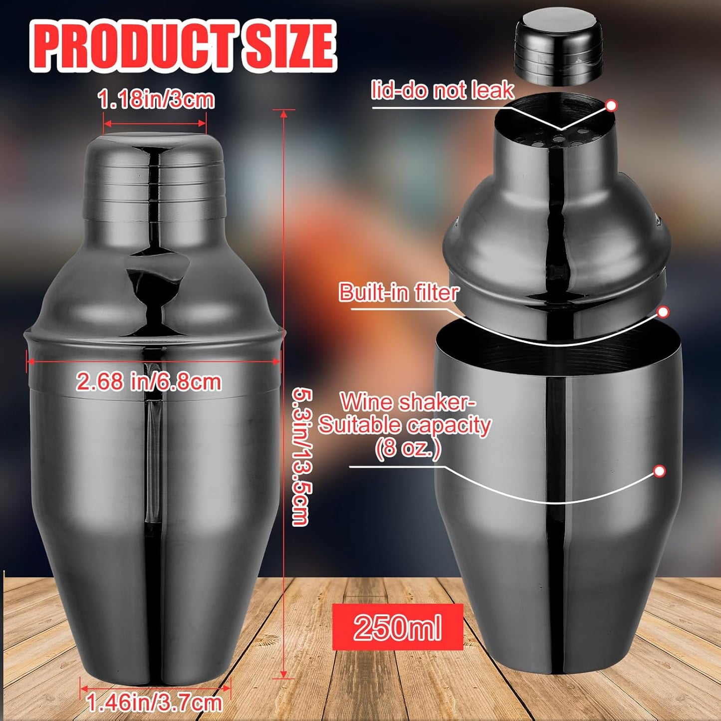 Nitial 9 Pcs Bar Cocktail Shaker Professional Stainless Steel Martini Drink Mixer Built-in Strainer for Bartending No Leaks Boston Shaker for Bar Party Drink Tool (Black,8 oz)