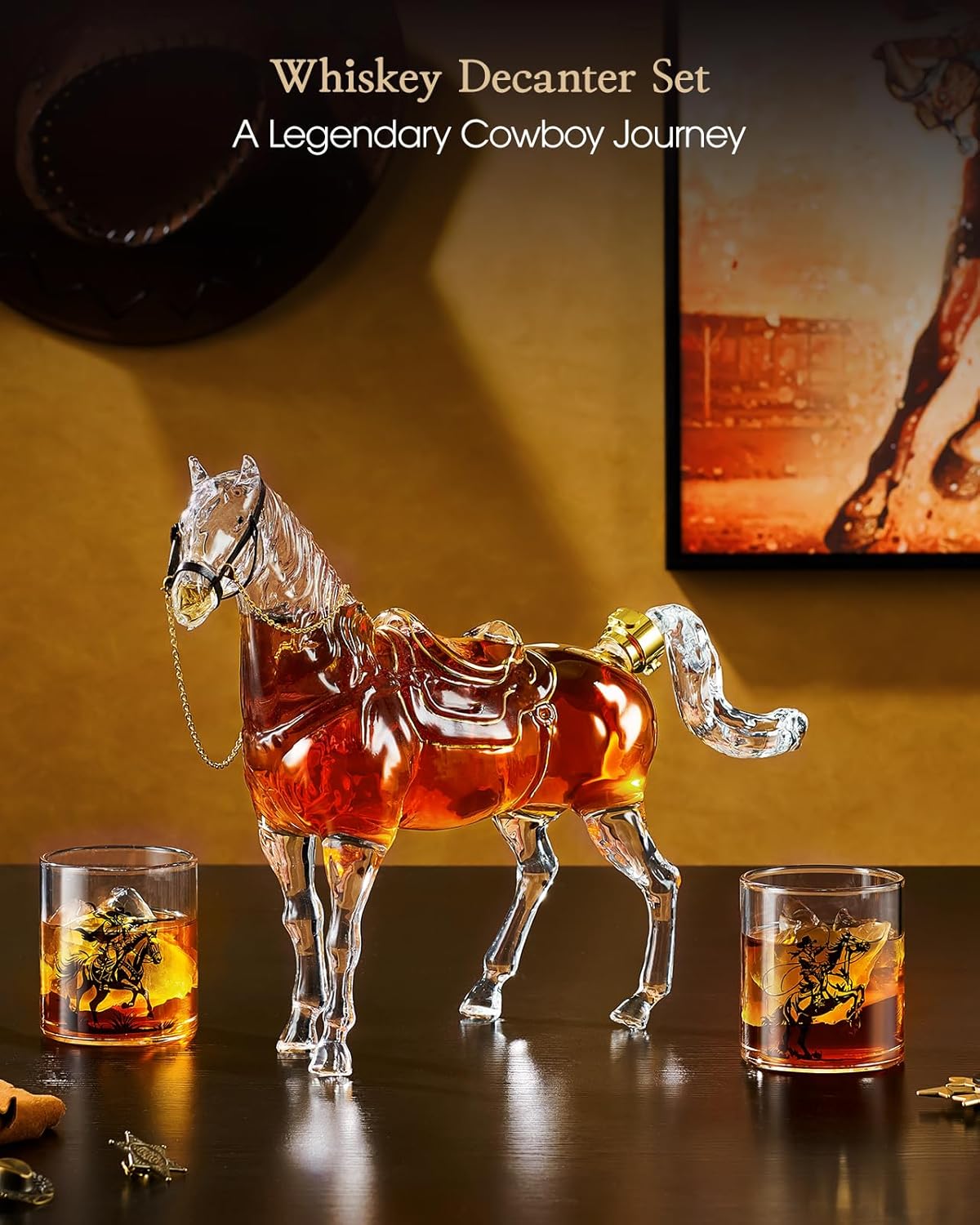 Kollea Birthday Gifts for Men Dad, Horse Whiskey Decanter Set with 2 Cowboy Glasses, Liquor Dispenser for Home Bar, Alcohol Gift for Boyfriend, Husband, Brother, Bourbon Vodka, Anniversary, Christmas