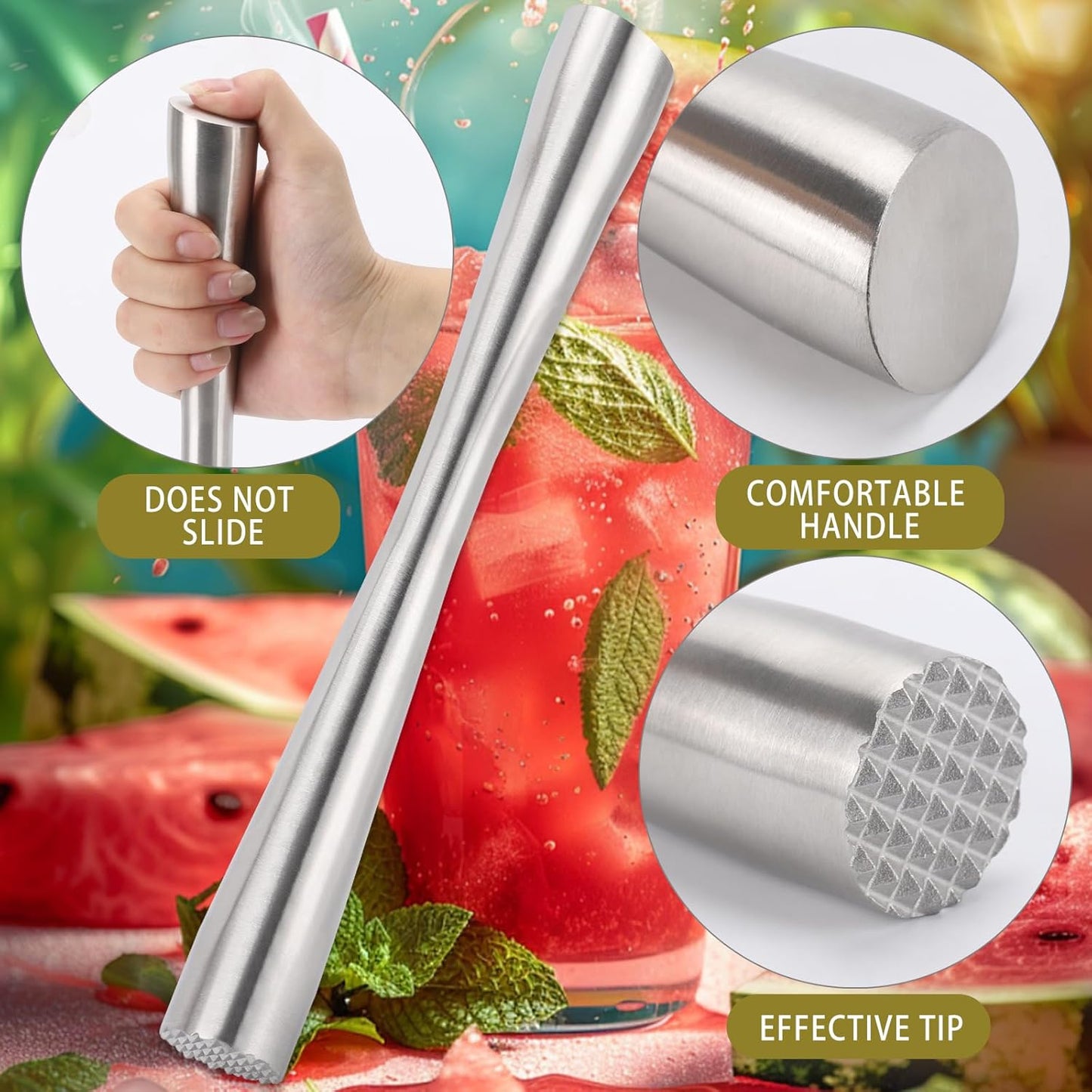 2 Pcs 10" Muddler for Cocktails, 304 Stainless Steel Drink Muddlers Bar Accessories Tools for Old Fashioned Cocktail, Mojito, Fruit Drinks, Lemonade
