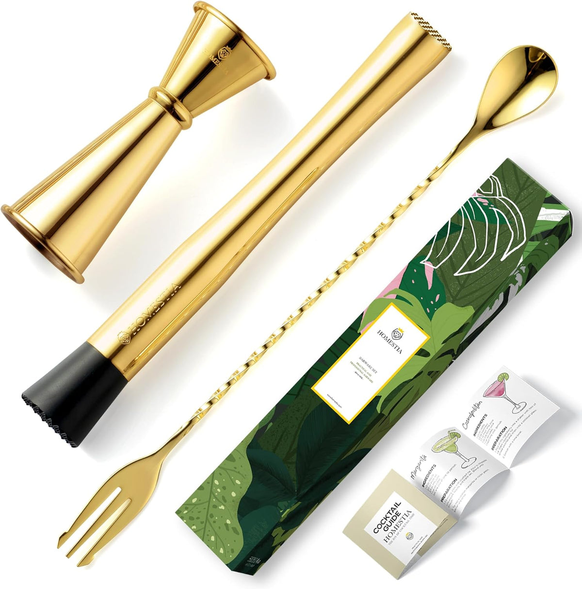 Homestia 3Pcs Gold Muddler for Cocktails Set, 12'' Bar Spoon, Double Jigger - 3pcs + Gold