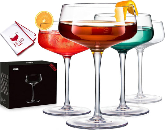 JBHO Martini Glasses, Crystal Coupe Glasses Set of 4, 10 Oz, Large and Fancy Cocktail Glasses, Hand-Blown Champagne Coupe Glasses for Espresso Martini, Manhattan as Bar Glassware or Mother's Day Gift