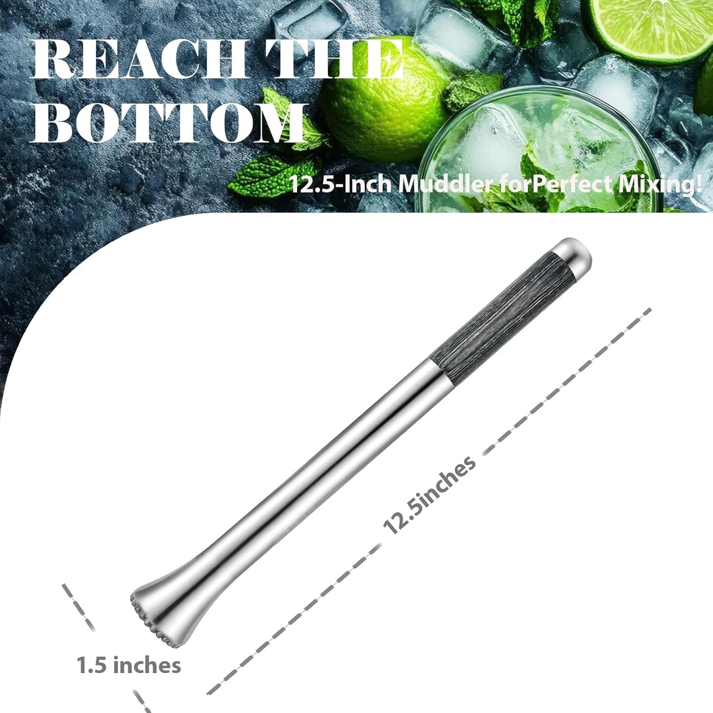 12.5" Muddler for Cocktails Stainless Steel Drink Muddler Bartender Accessories Lemon Smasher for Home Bar Tool Ice Crusher for Mojitos Fruit Drinks