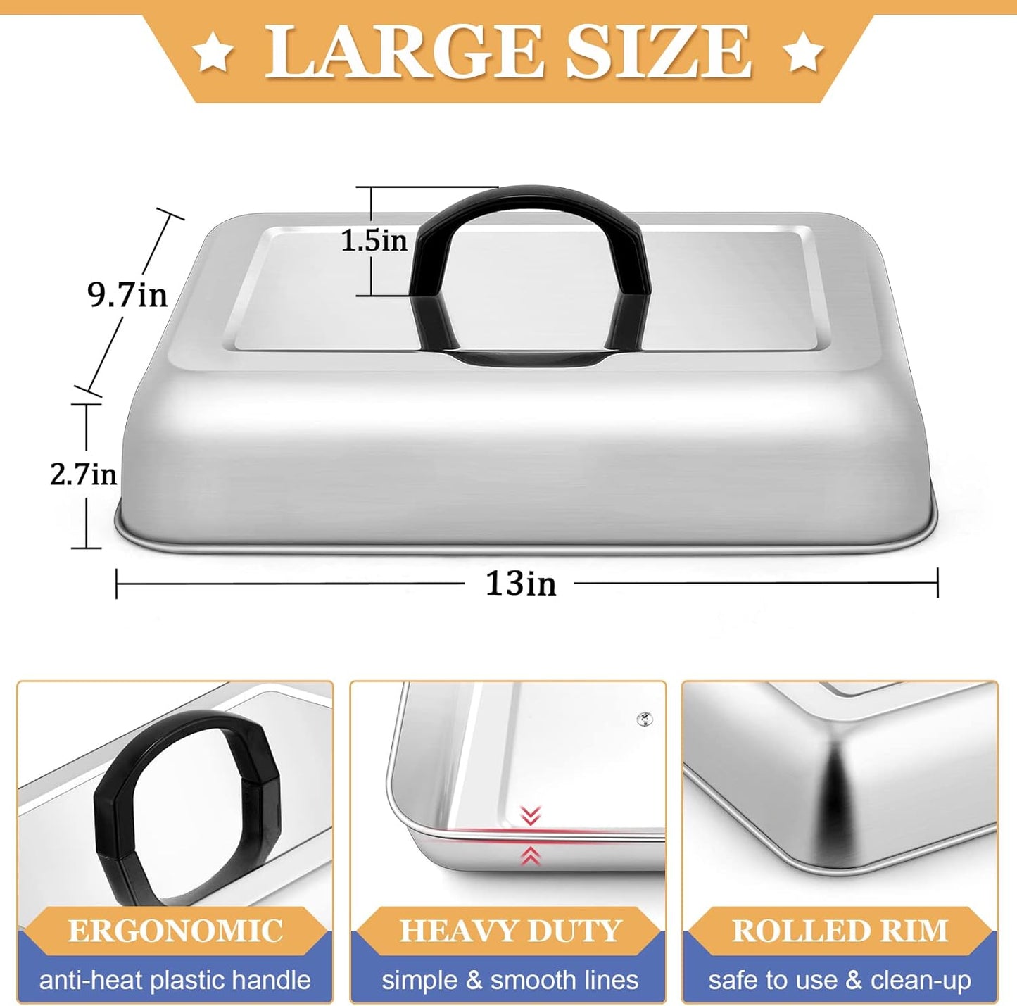 Rectangle Cheese Melting Dome, HaSteeL Stainless Steel Basting Cover for Flat Top Griddle BBQ Steaming Grilling Cooking Indoor & Outdoor, Large 13In & Small 9.3In, Heavy Duty & Dishwasher Safe(2 Pcs)