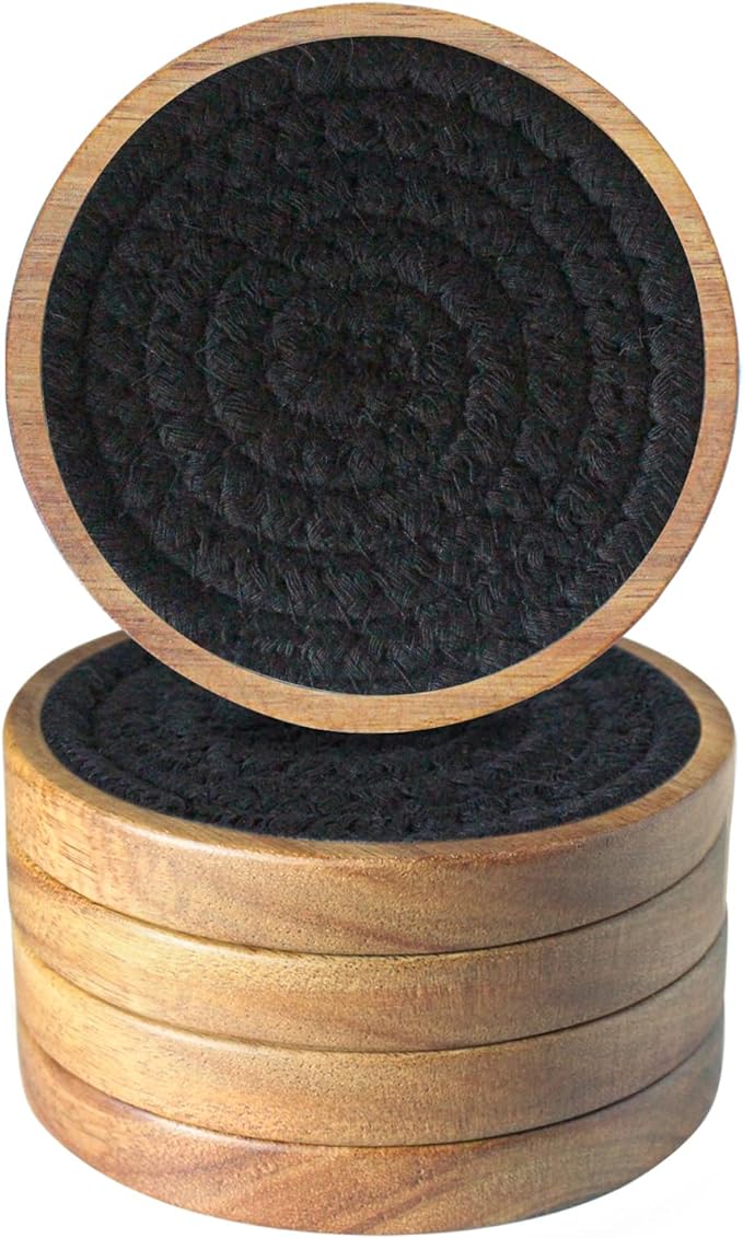 Wood Coasters for Drinks, Eykao Absorbent Coaster Sets of 5, Woven Drink Coasters for Coffee Table, Housewarming Gift for Farmhouse Home Decor,4 inches - Black